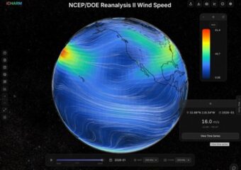 iCHARM visualization of the wind speed and direction at 250 hPa pressure level from the NOAA/DOE Reanalysis II output (Image credit: Sam Shen)