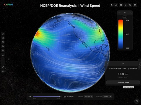 iCHARM visualization of the wind speed and direction at 250 hPa pressure level from the NOAA/DOE Reanalysis II output (Image credit: Sam Shen)